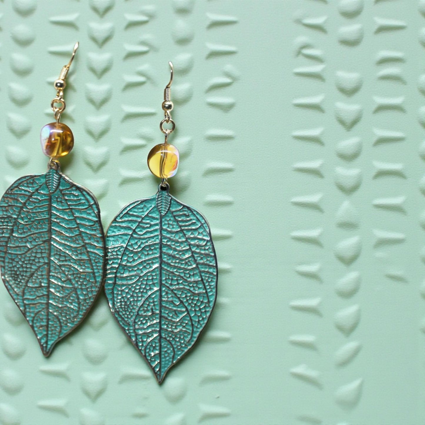 Handmade dangle earrings - Hand painted upcycled vintage leaf earrings with glass beads
