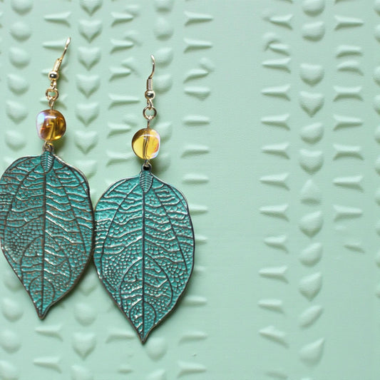 Handmade dangle earrings - Hand painted upcycled vintage leaf earrings with glass beads