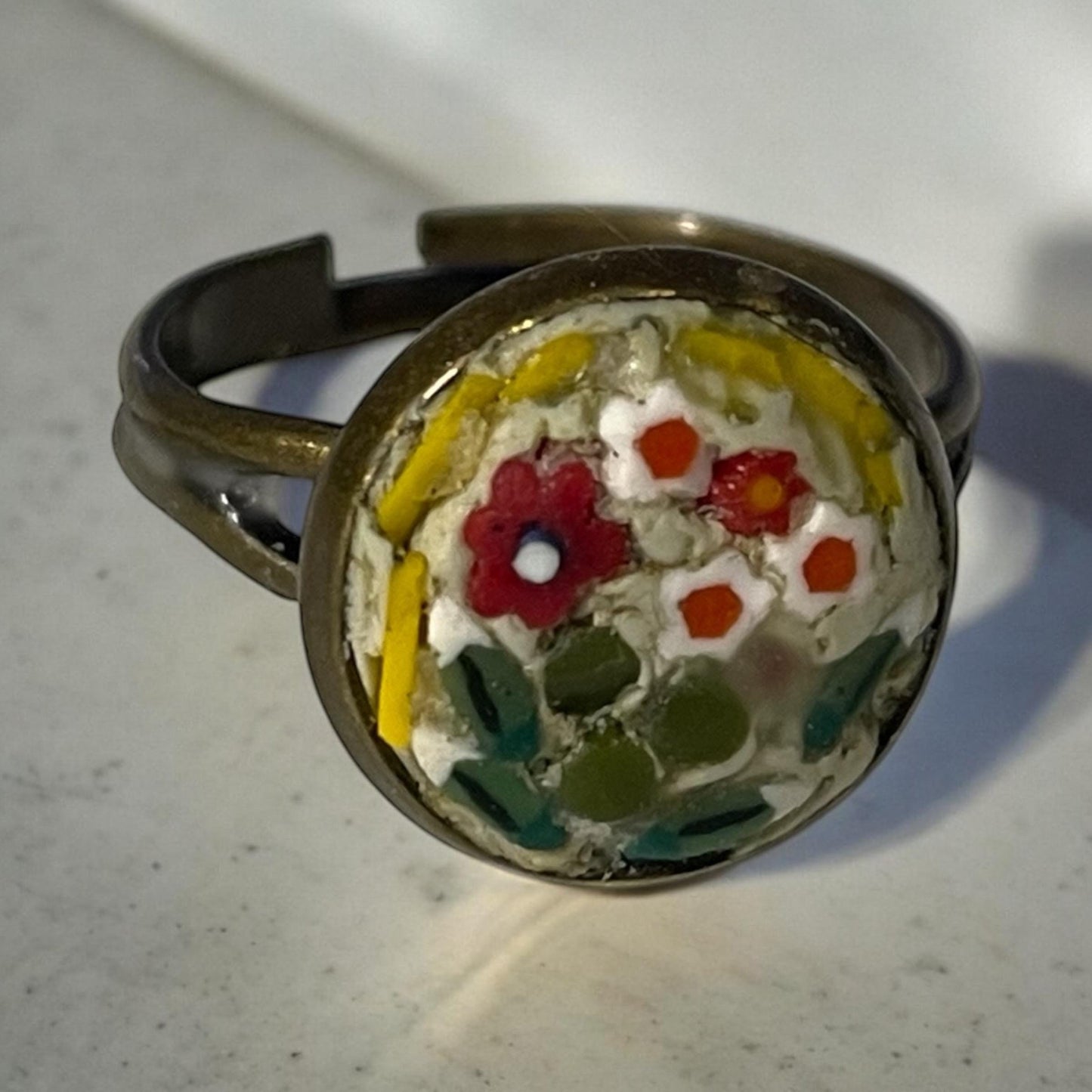 Handmade micro mosaic adjustable ring - Italian inspired - hand cut glass with millefiori flowers