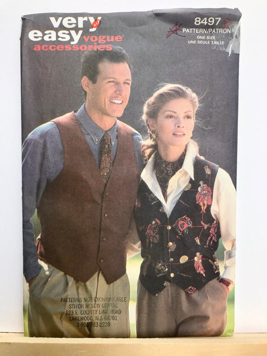 UNCUT Sewing Pattern - Vogue Vest Pattern 8497 - Men's or Misses' Unisex Vest, Tie & Ascot - Very Easy Vogue Accessories - One Size Pattern