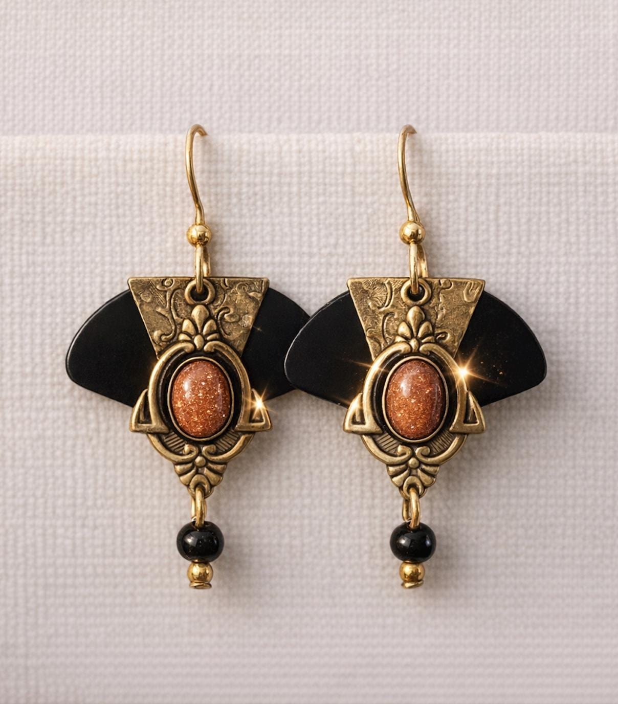 Vintage Art Deco Dangle Earrings • Goldstone Cabochon • Vintage Brass Filigree • Wooden Black Fan Accent • Boho Statement Earrings