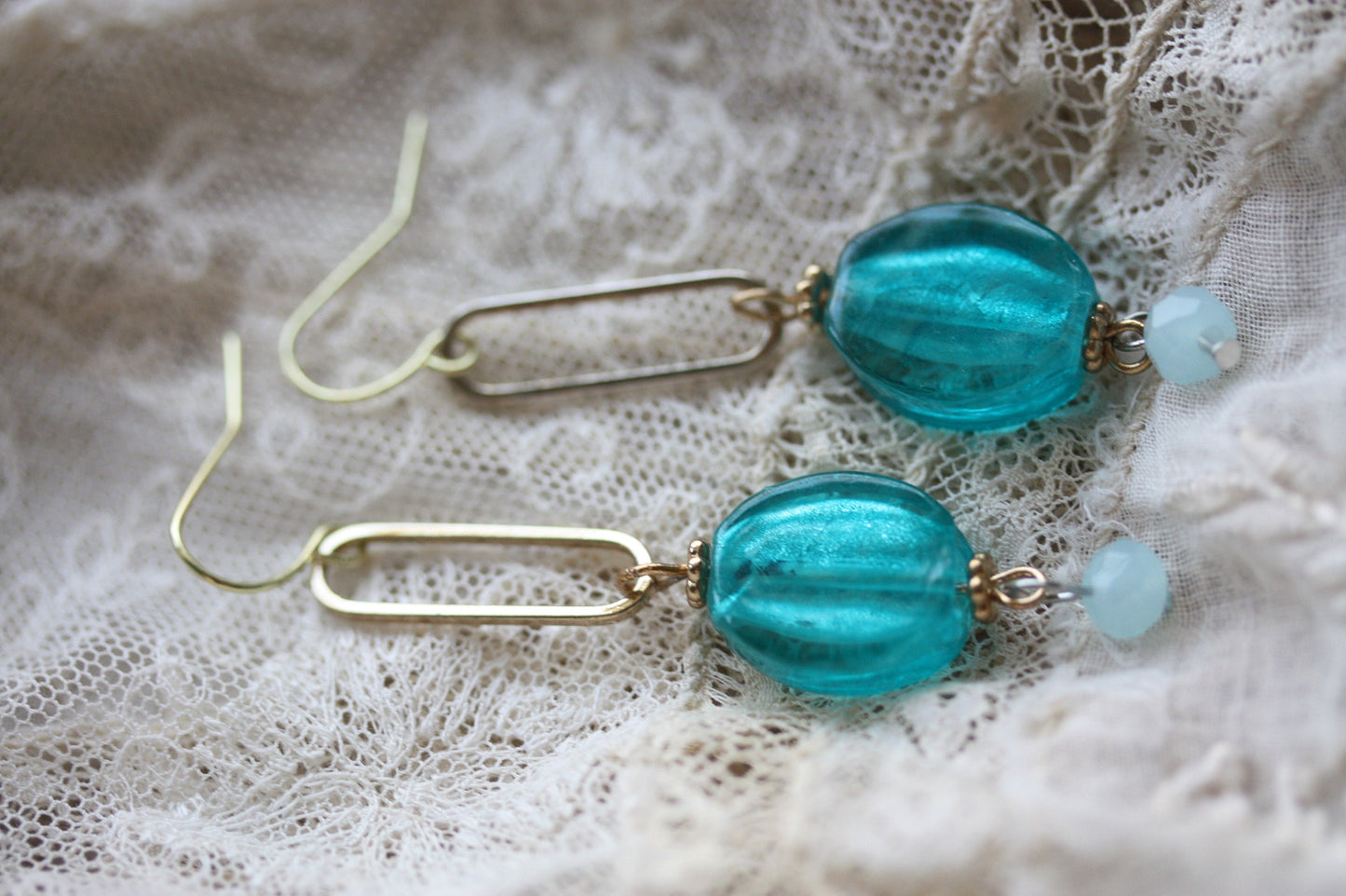 Turquoise glass and gold metal drop earrings