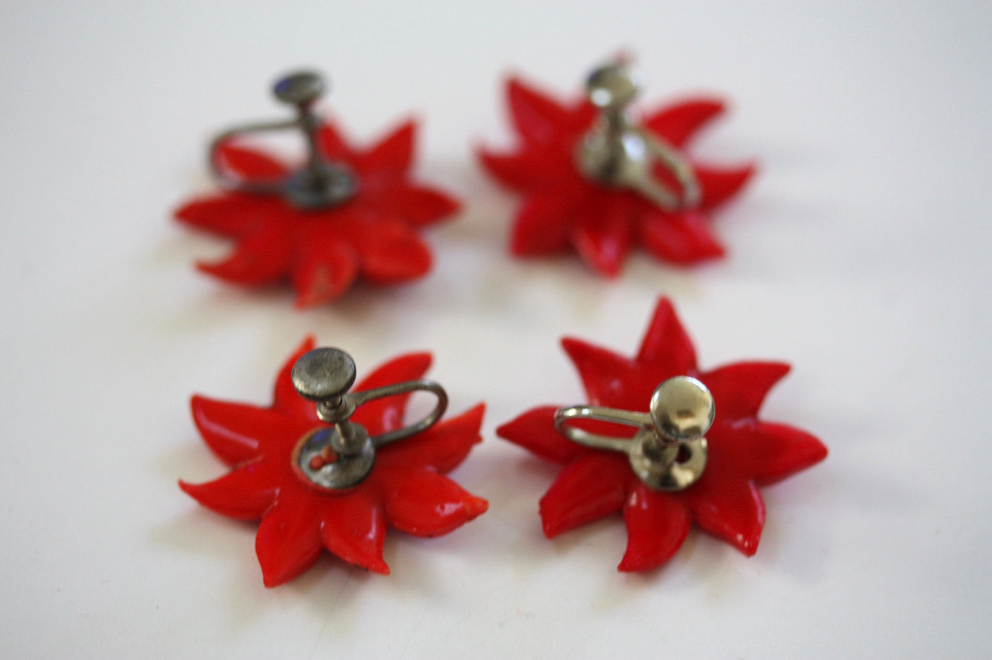 Red vintage Chrysanthemum clip earrings - perfect for the holidays