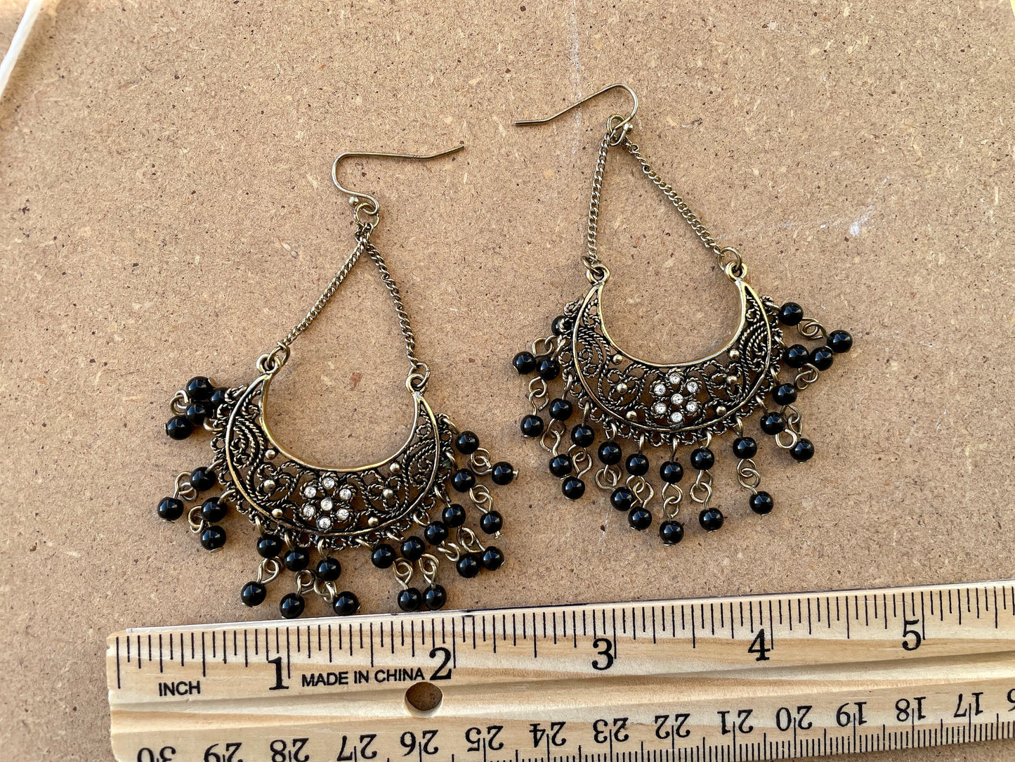 Vintage chandelier earrings with rhinestones and black dangles