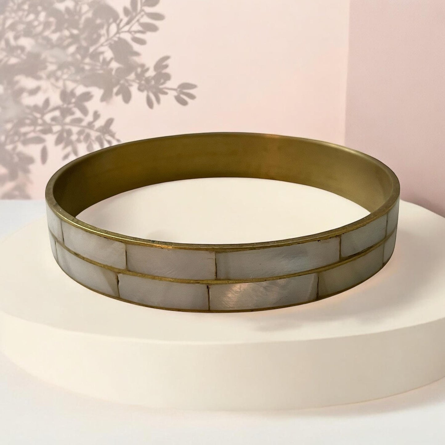 Vintage Bangle Bracelet, Inlaid Mother of Pearl & Brass