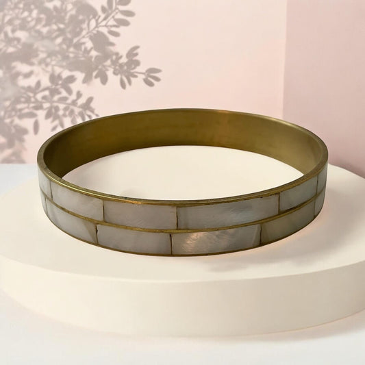 Vintage Bangle Bracelet, Inlaid Mother of Pearl & Brass