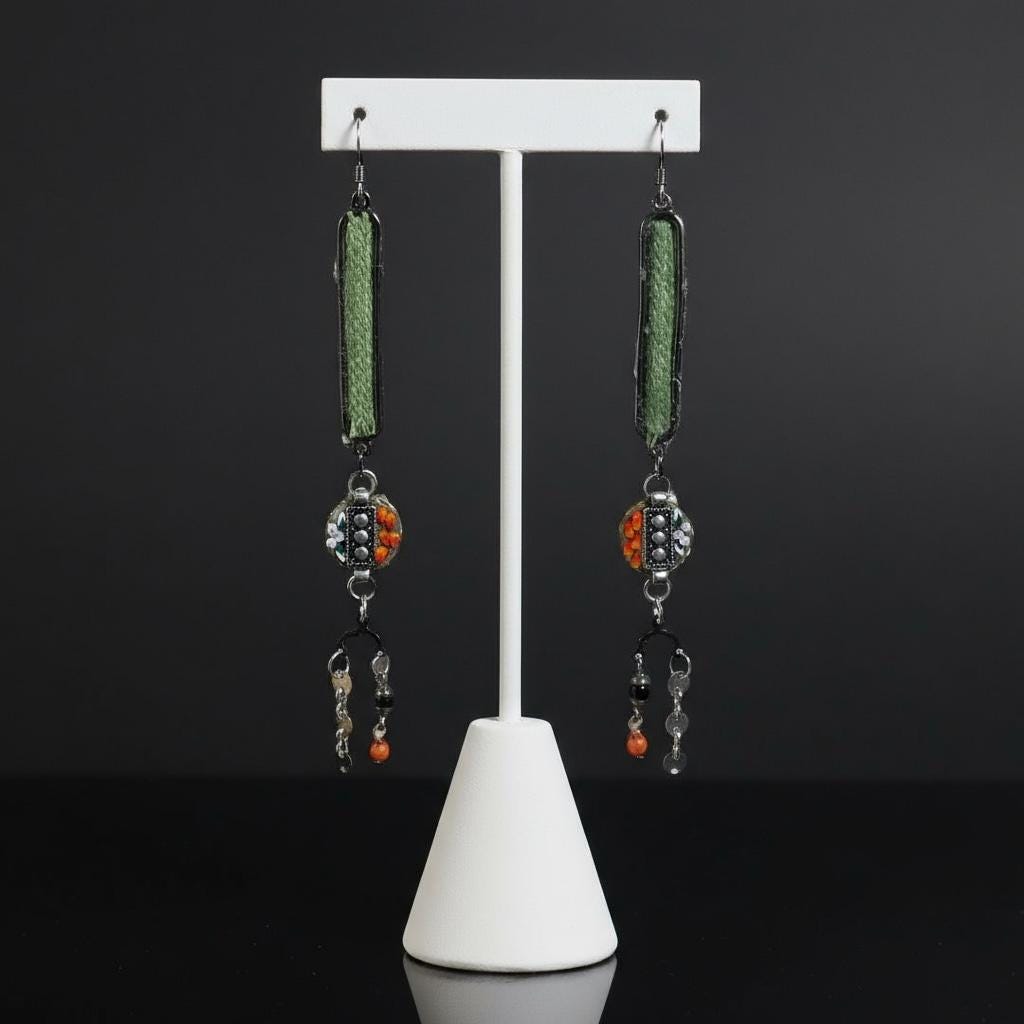 Handcrafted Boho Mosaic Dangle Earrings –Green Woven Fabric & Beaded Drop Earrings, Artisan Statement Jewelry, Colorful Mixed Media Earrings
