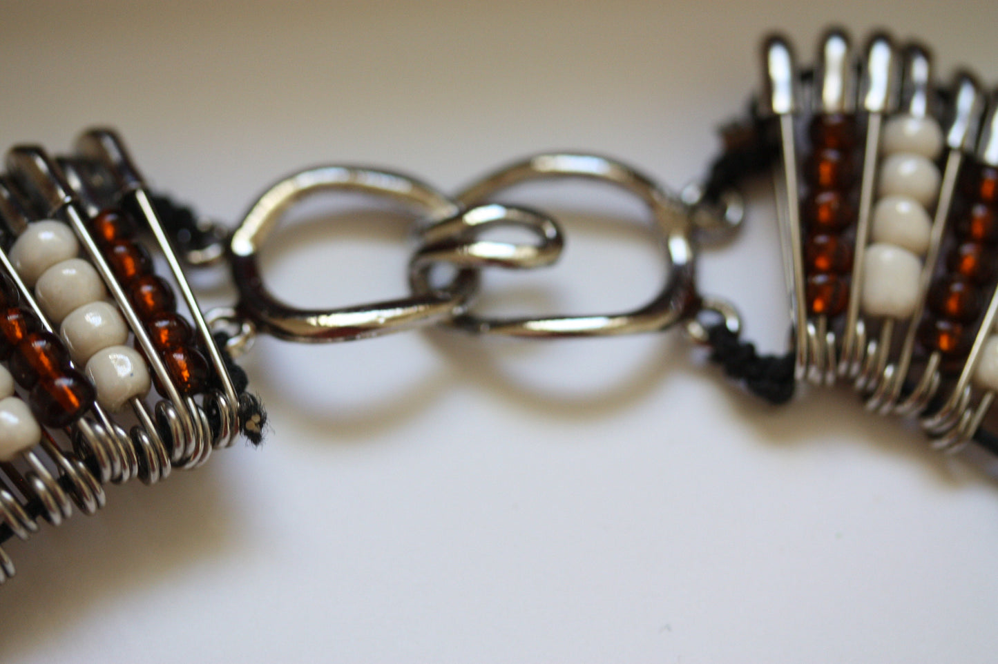 Stunning and unique vintage necklace - made of brown and cream glass seed beads and safety pins - statement jewelry - statement necklace