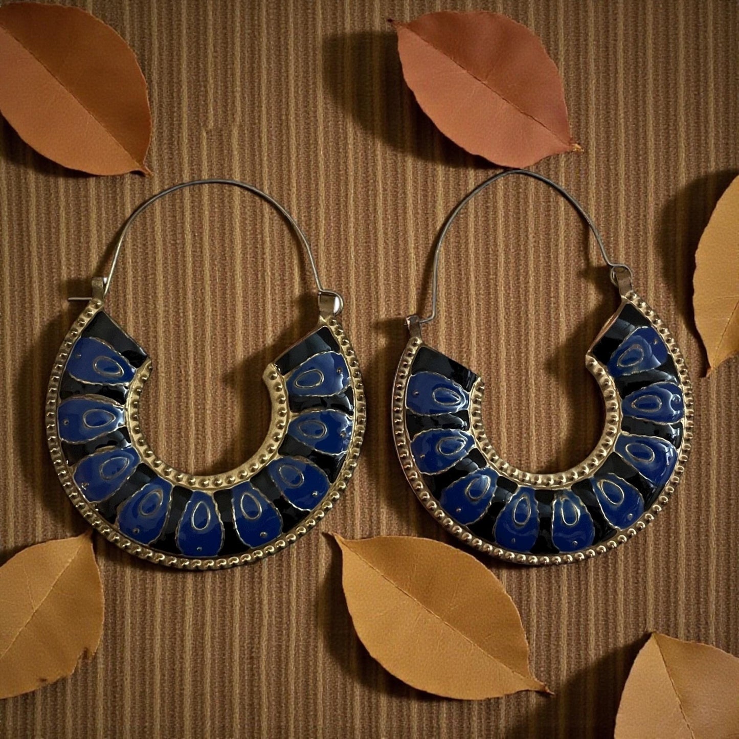 Vintage Brass & Blue Enamel Hoop Earrings – Boho Tribal Style Statement Earrings, Retro Artisan Jewelry