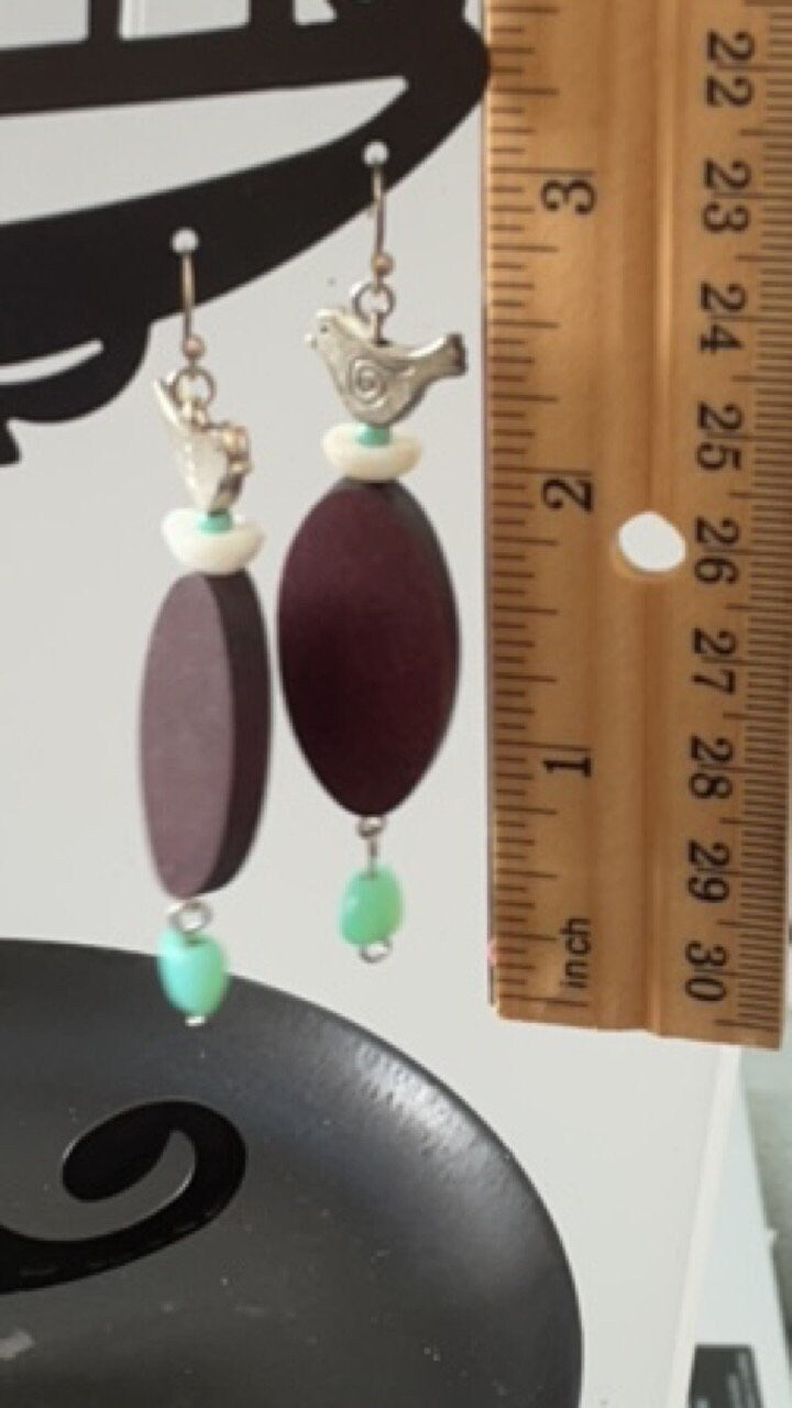 Handmade "Bird Nest" mixed material earrings -metallic birds on oval wood base with turquoise seed beads and milky white vintage glass beads