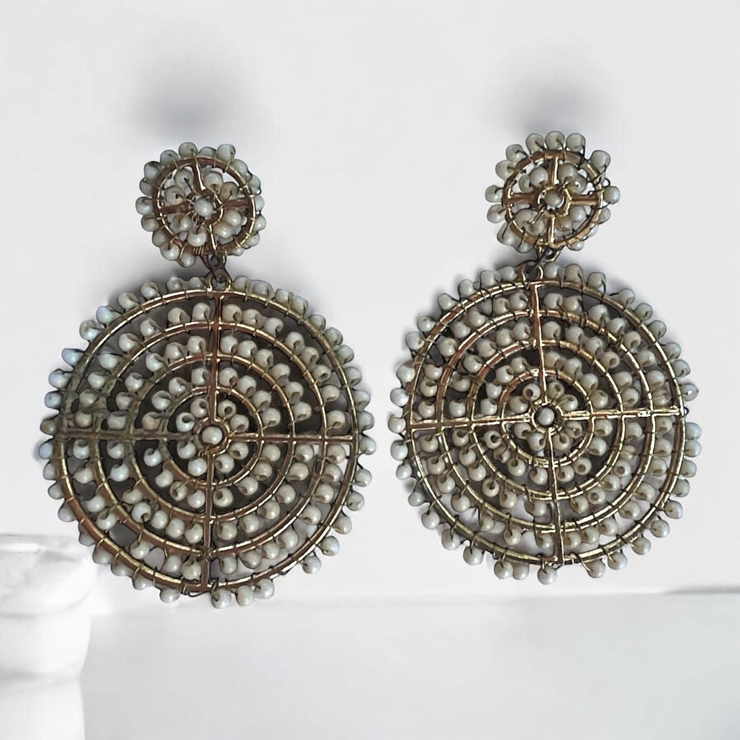 Boho Statement Earrings | Wire Wrapped Beaded Circle Earrings | Large Tribal-Inspired Drop Earrings, white beaded oversized hoops