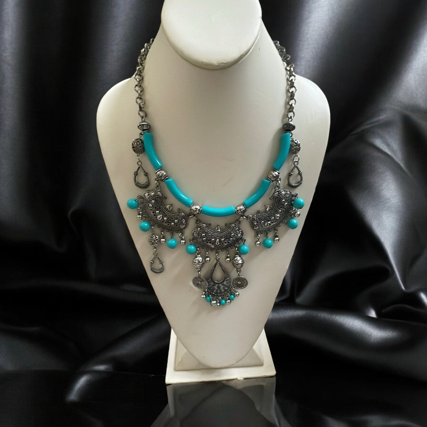 Exotic Indian style necklace with turquoise beaded balls/tubes and ornate silver trim