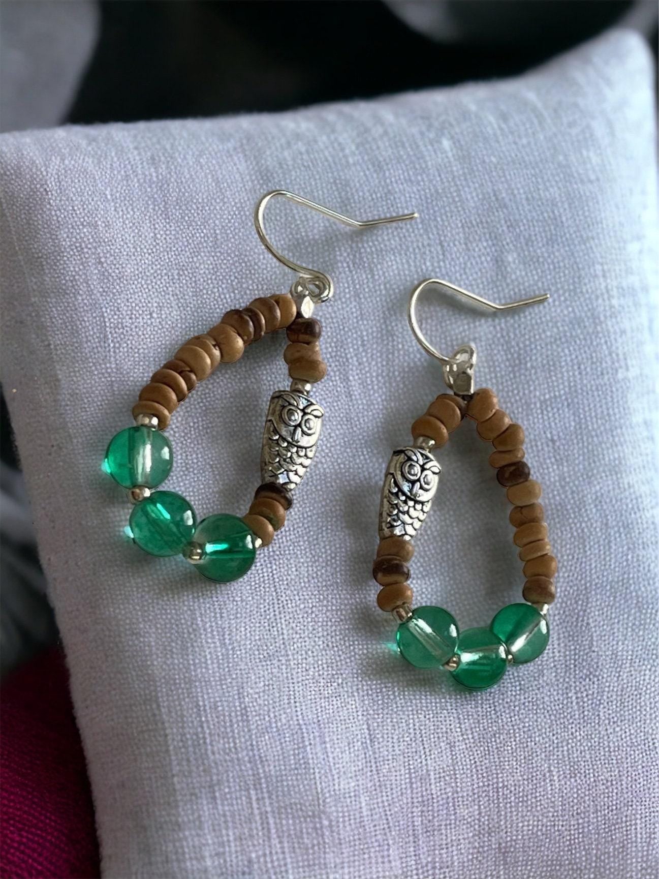 Hand beaded color blocked dangle hoop earrings - glass, wood and tiny metal owls