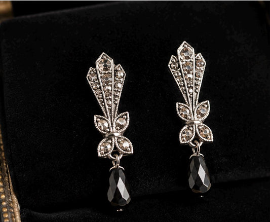 Vintage Art Deco Style Clip-On Earrings with Black Teardrop Dangles | Silver Tone Rhinestones | 1.5" Long