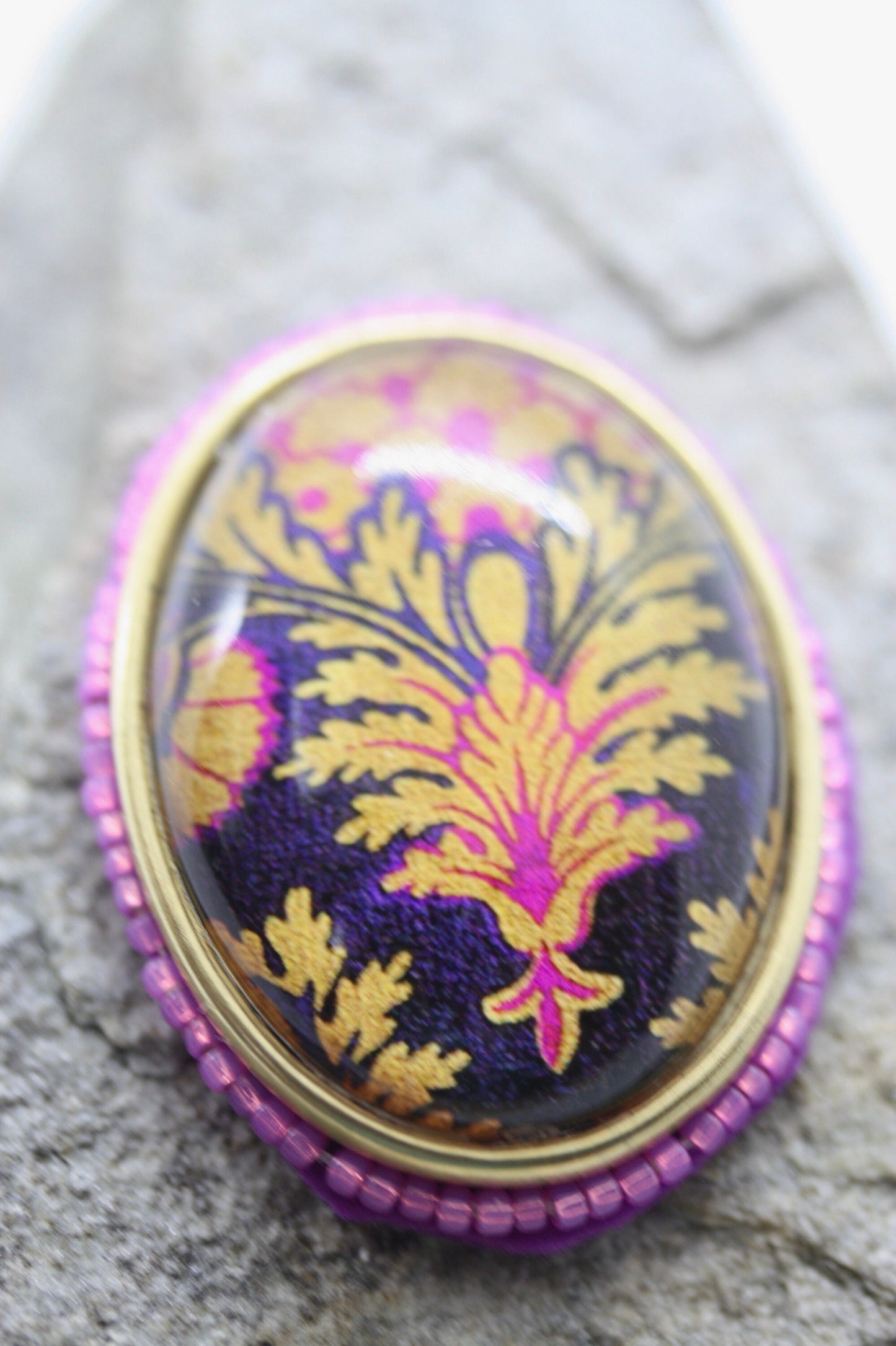 Handmade. beadwork and mixed material pink, purple and goldtone necklace pendant OR pin