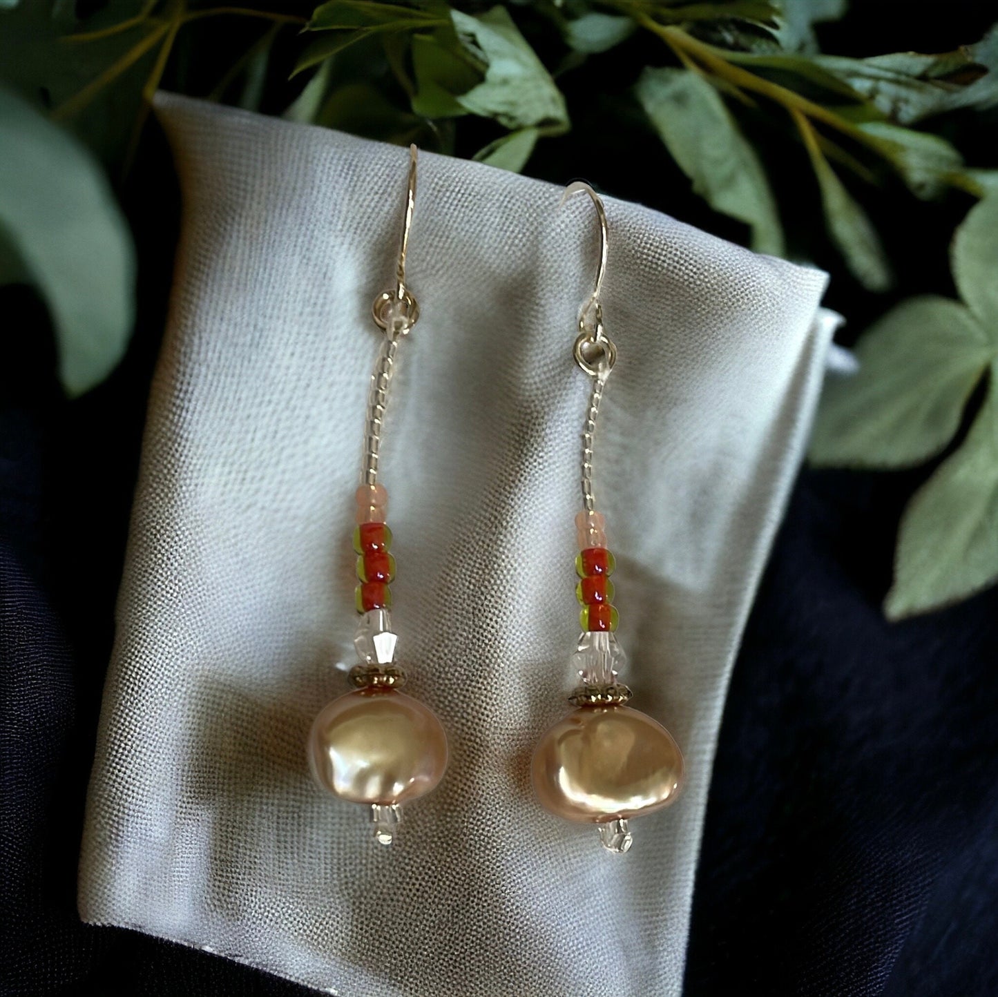 Hand beaded stunning dangle beadwork earrings - ombre shades of glass seed beads with crystal and gold pearls