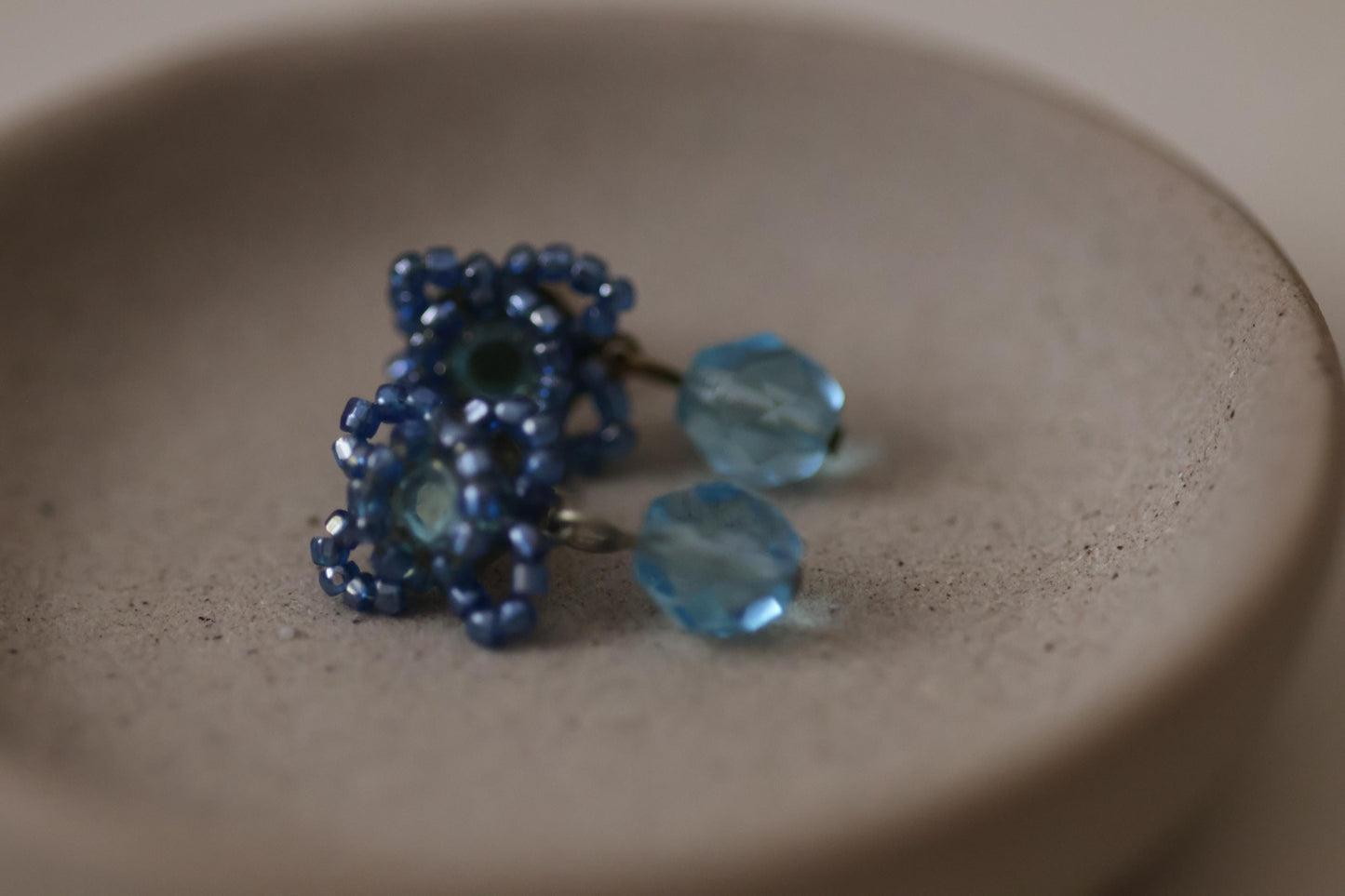 Blue Beaded Earrings with Light Blue Crystal Dangles, Vintage Dangle Earrings, Boho Drop Earrings Gift for Her