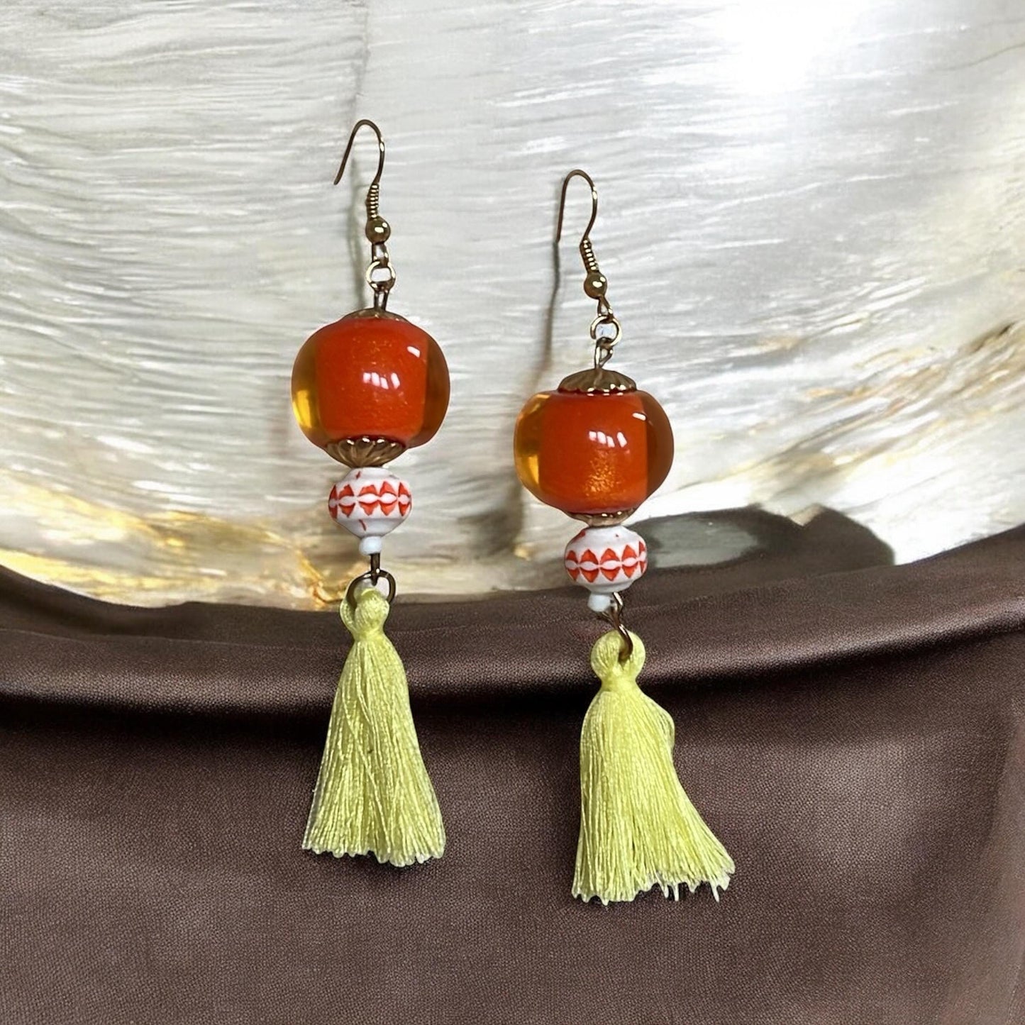 Orange Beaded Earrings with Yellow Tassels – Handmade Boho Dangle Earrings, Bright Summer Jewelry, Festival Accessories, Gift for Her