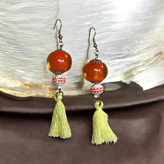 Orange Beaded Earrings with Yellow Tassels – Handmade Boho Dangle Earrings, Bright Summer Jewelry, Festival Accessories, Gift for Her