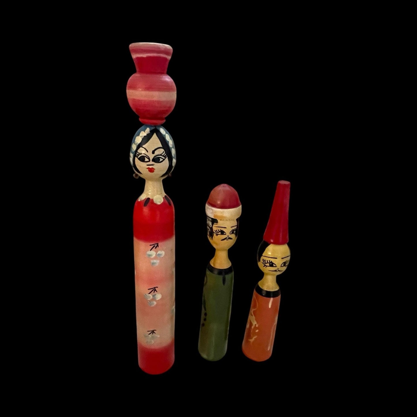 Lot of 3 vintage Egyptian wooden spindle dolls - handpainted - spool dolls, Egypt