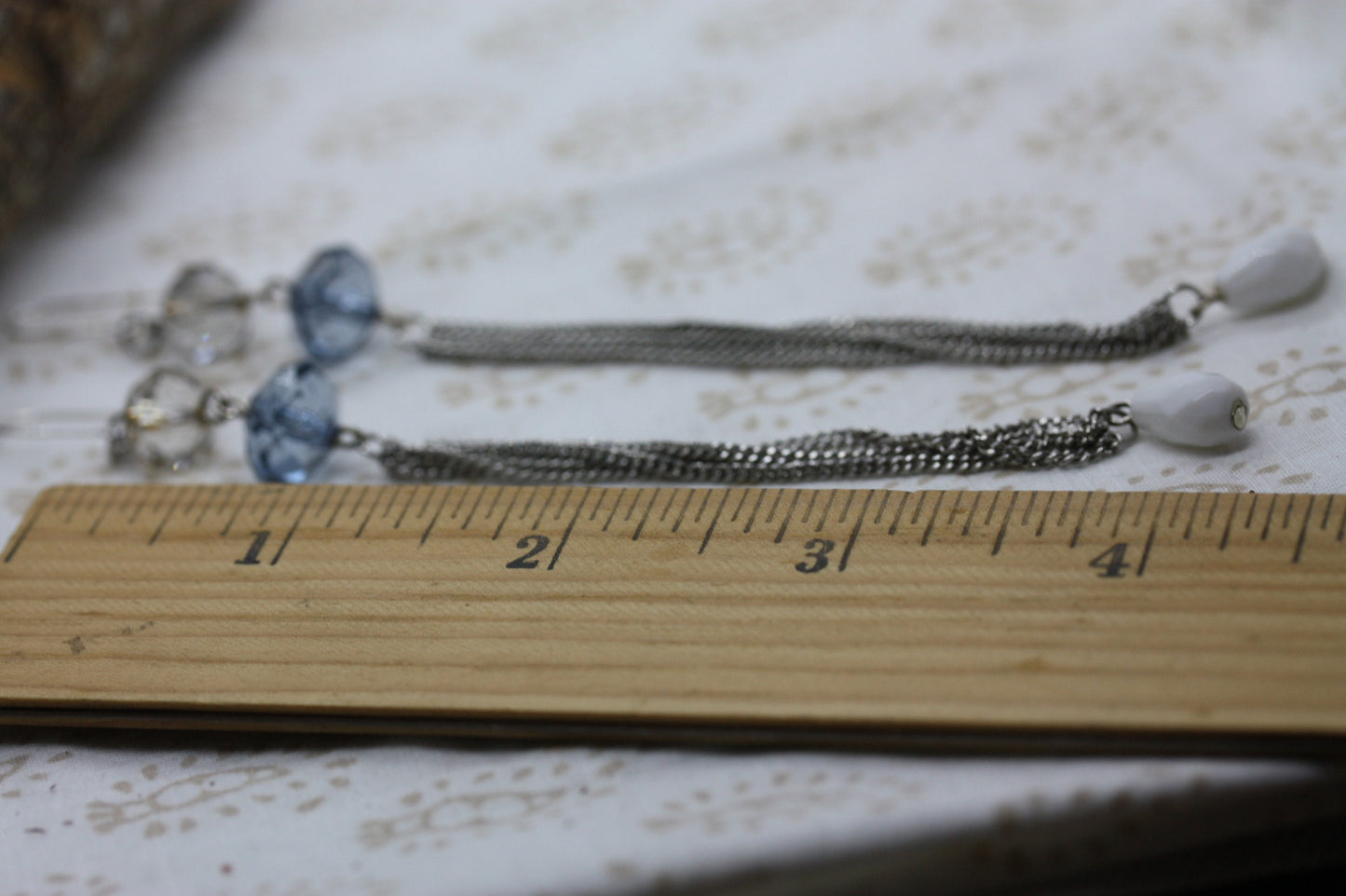 Ultra long, ultra sexy blue and white faceted crystals with metal tassel handmade earrings with vintage components