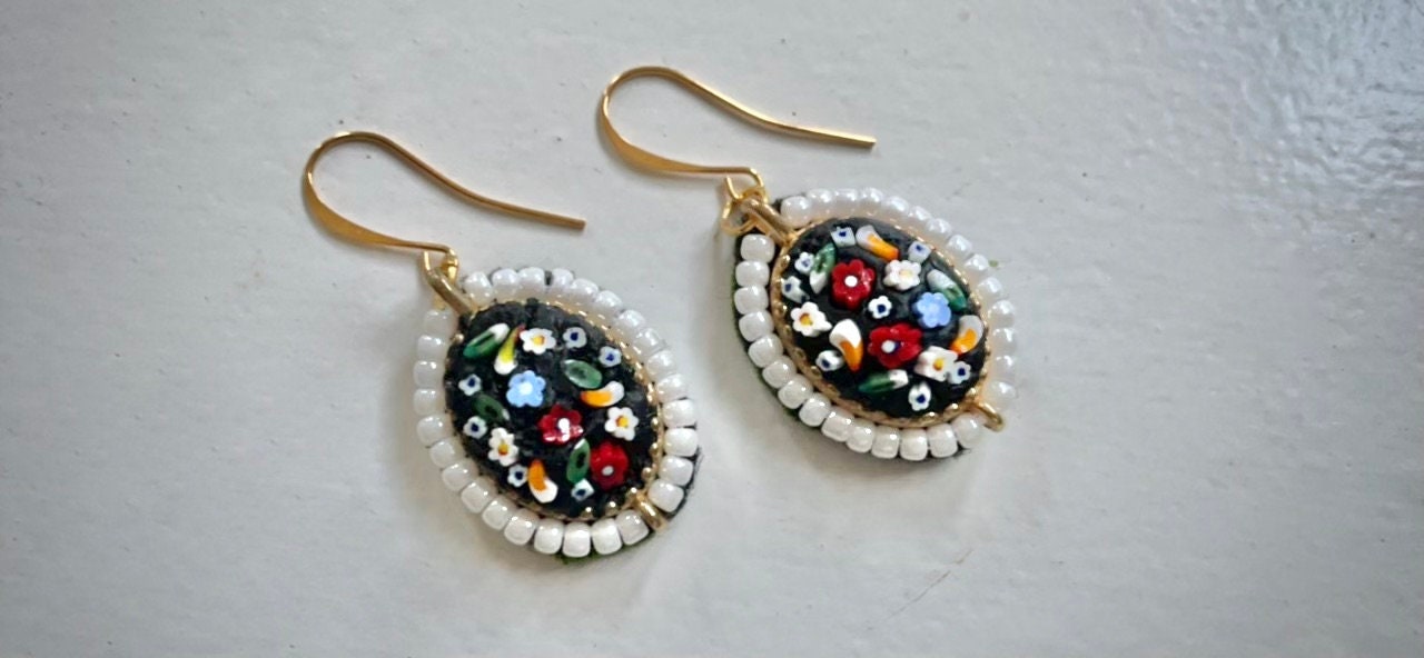 My own handmade Italian style round inlaid micro mosaic glass floral earrings which I trimmed with beadwork