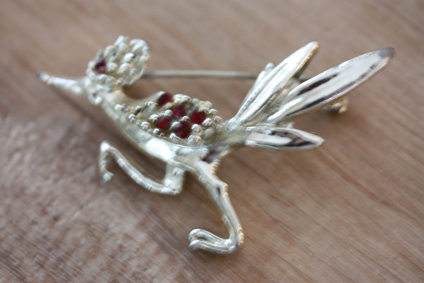 Unique red rhinestone vintage bird pin- silver with red rhinestones