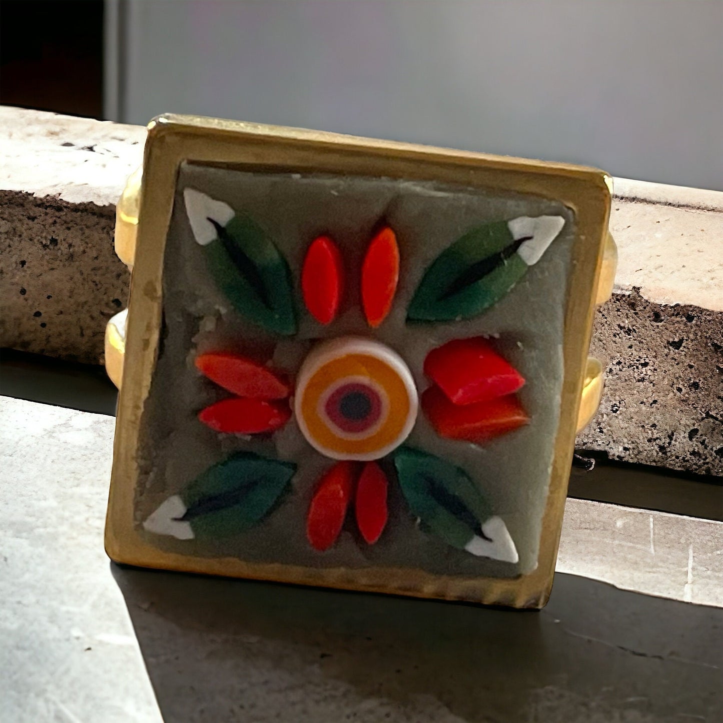 Handmade folk art inspired micro mosaic adjustable ring - hand cut glass millefiori