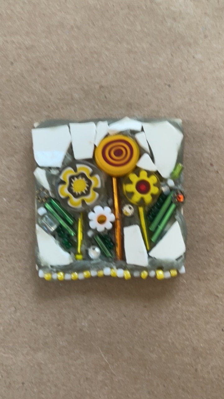 Flower garden Mixed Material Mosaic Assemblage art - magnet or pin