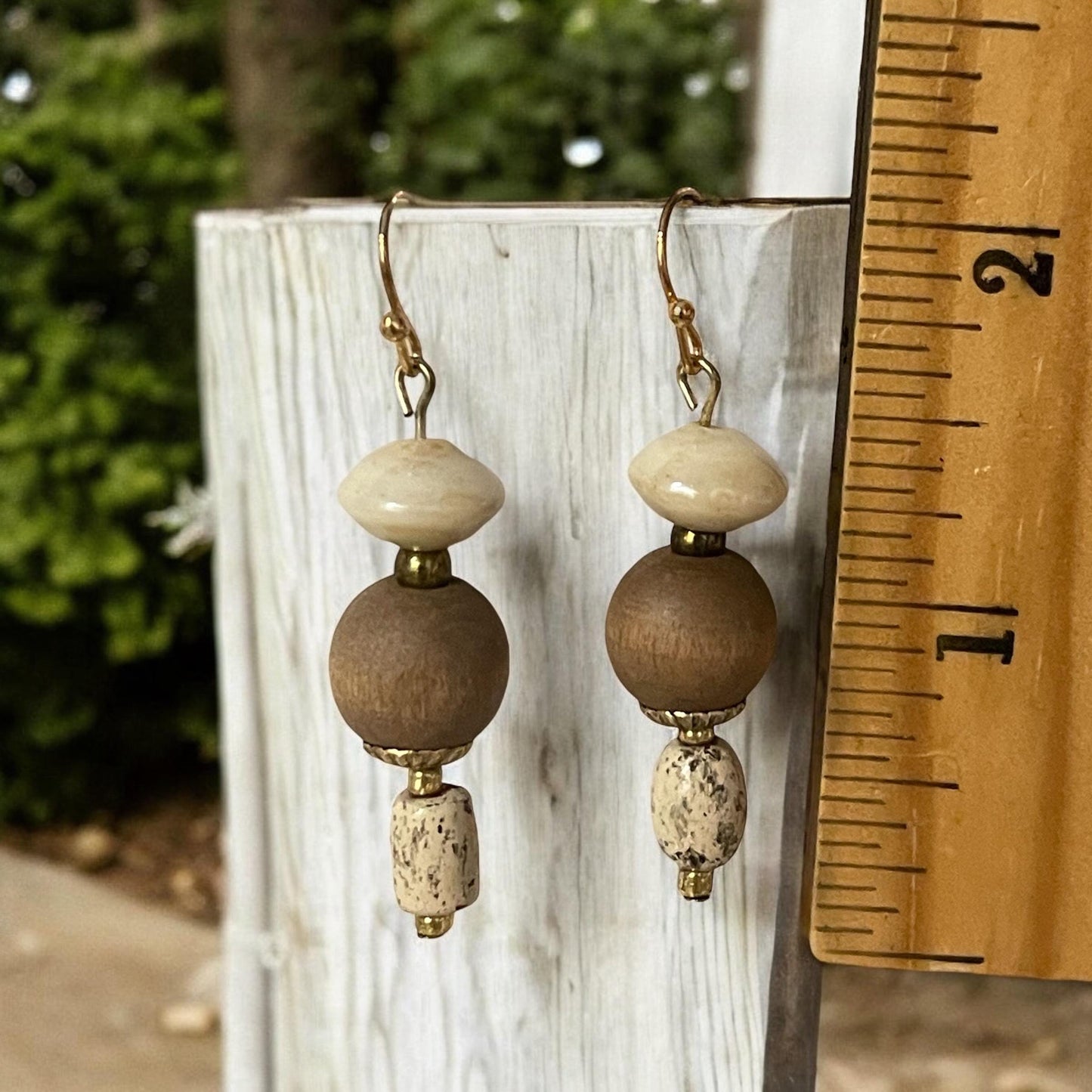 Wood, marble and glass dangle earrings
