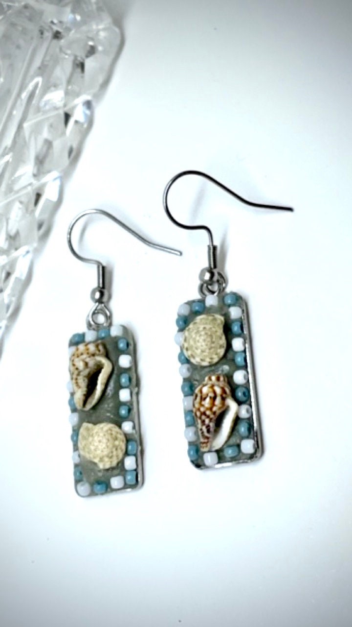 Small mosaic tile beach themed shell and glass blue and white small (1 inch) handmade dangle earrings