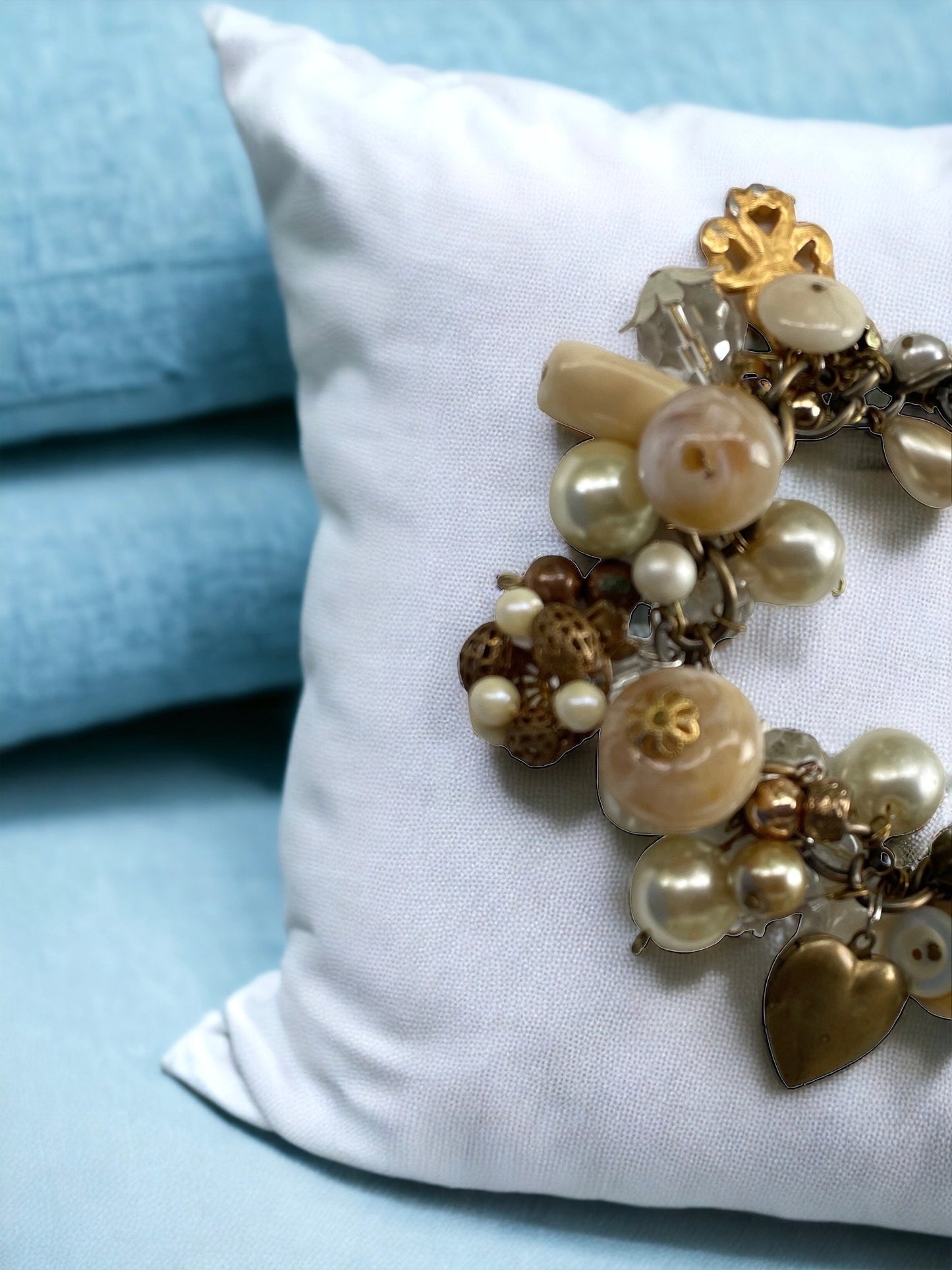 Vintage charm bracelet - faux pearls, glass, crystals, buttons and mixed materials