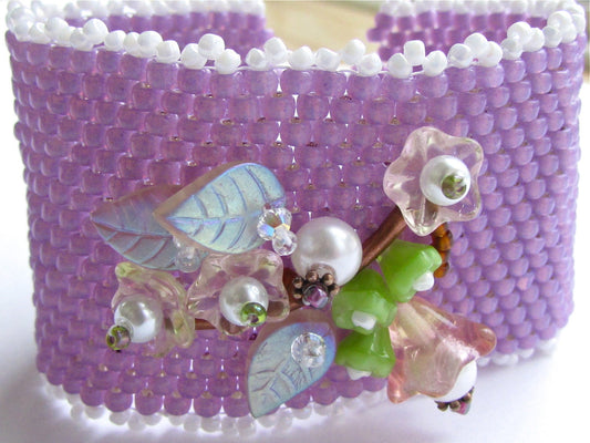 My flower garden - original bead woven / beadwork glass and crystal one-of-a-kind wide artisan bracelet