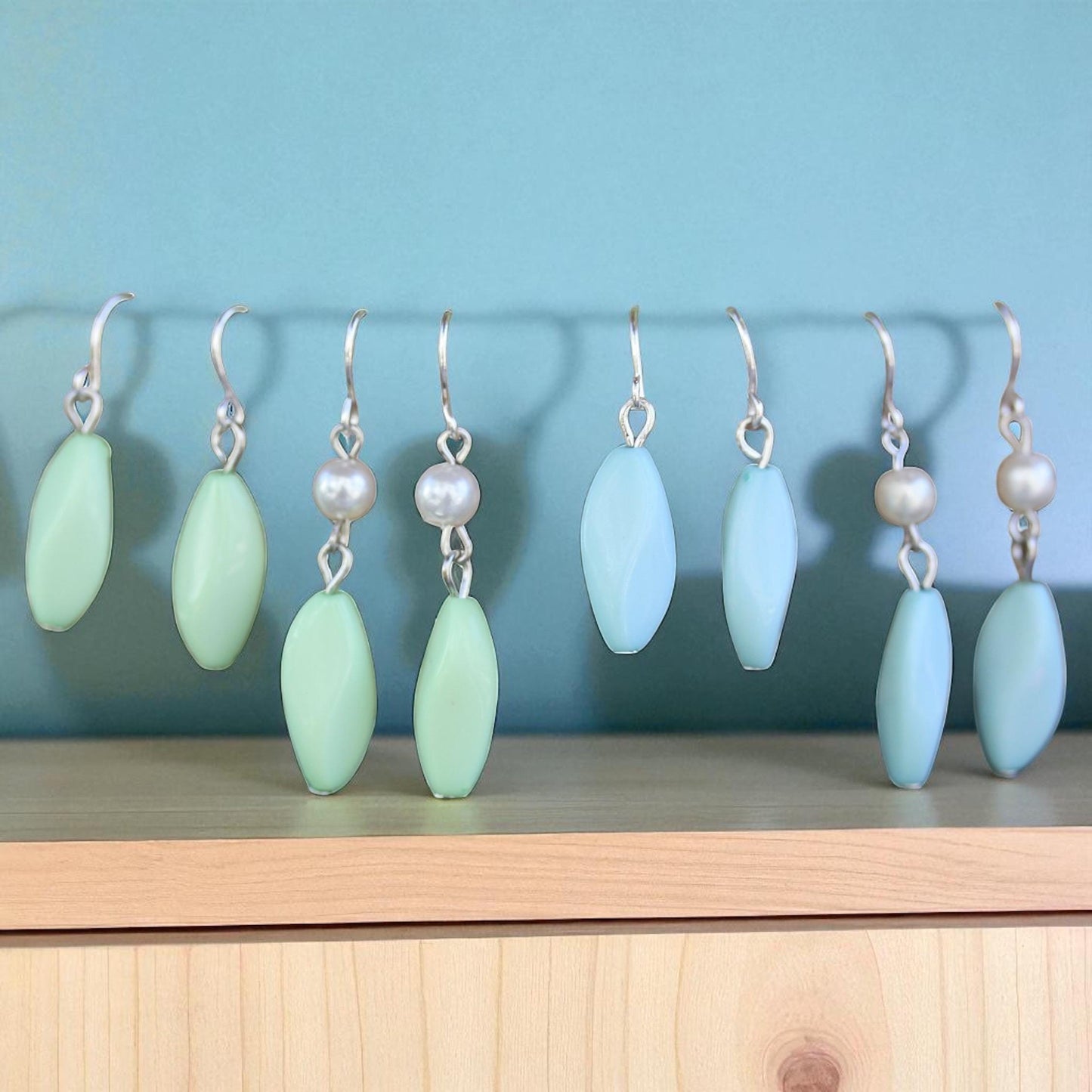 Simple upcycled seafoam green, blue and pearl dangle earrings