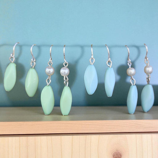 Simple upcycled seafoam green, blue and pearl dangle earrings