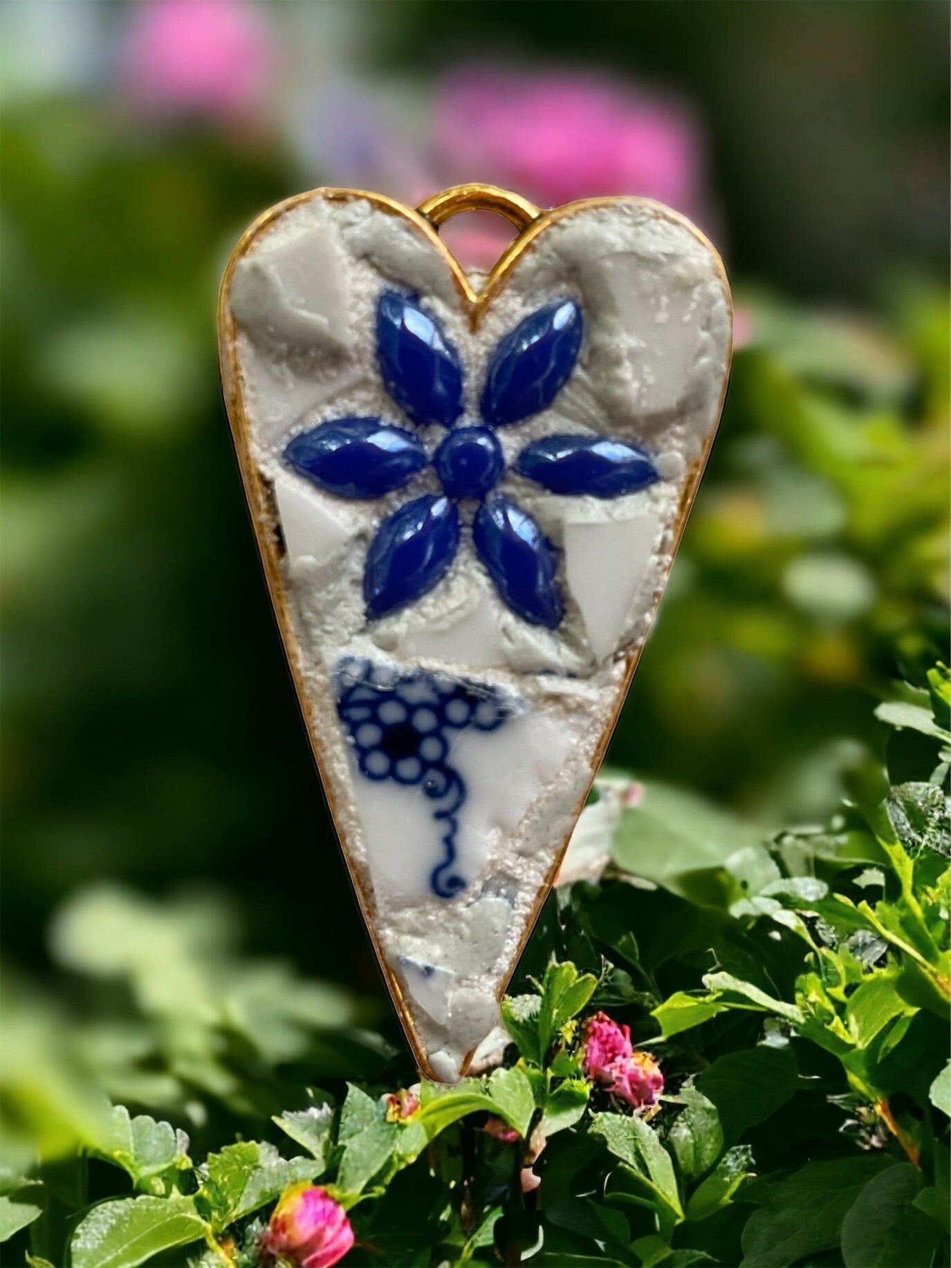 My handmade mosaic heart necklace - made from hand cut pieces of a broken vintage dish