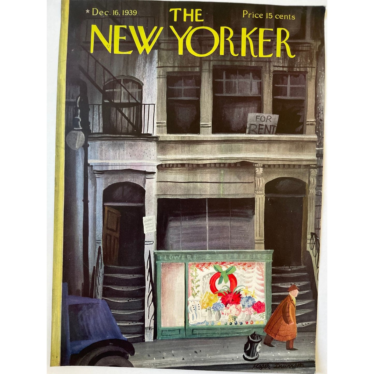 Very Rare, Very old NEW YORKER Magazine original cover - December 16, 1939 - Christmas - flower shop window - walking in the city