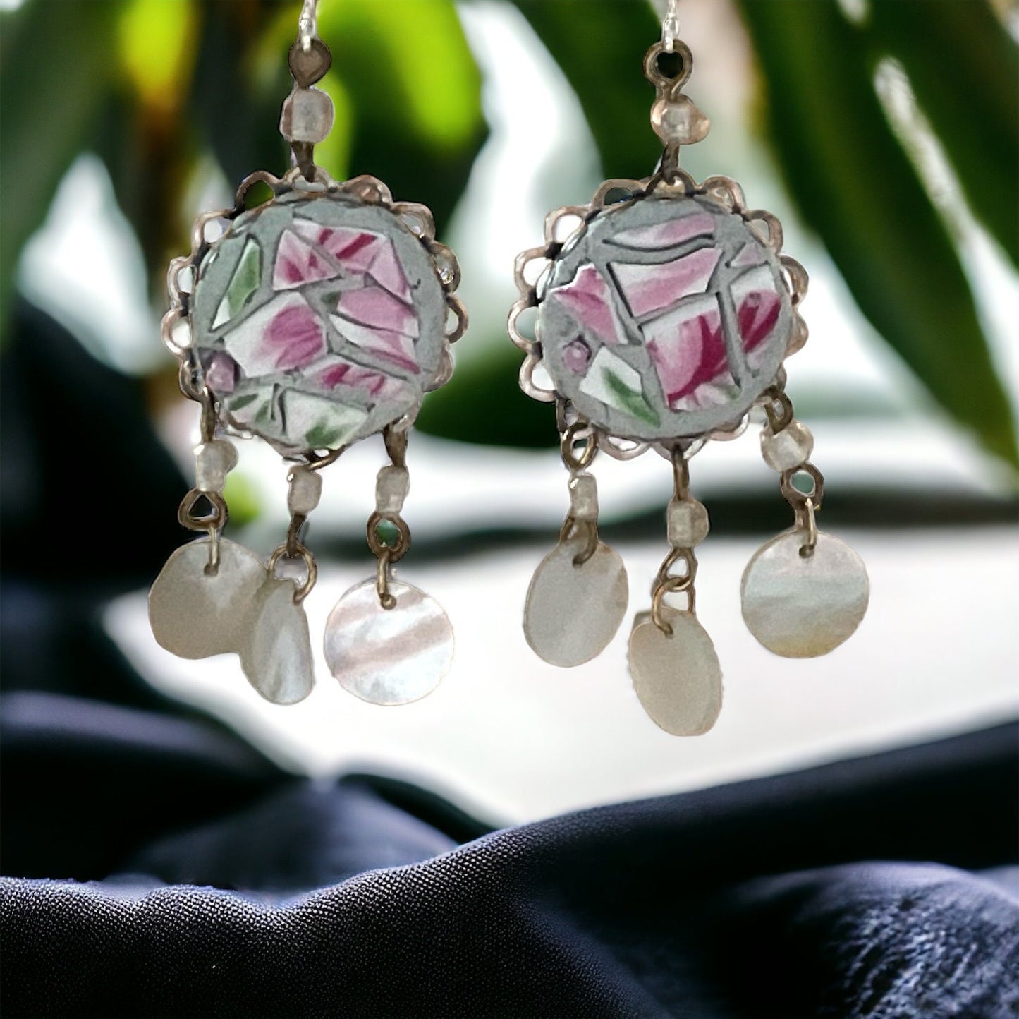Unique earrings made of hand cut mosaic tile from vintage plates combined with mother of pearl dangles