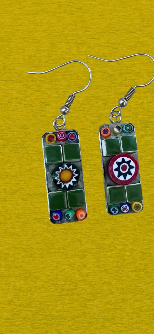 Small handmade micro mosaic glass and tile earrings