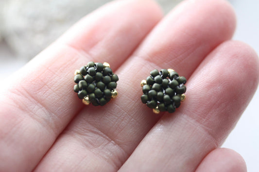 Hand beaded sterling silver stud earrings - matte olive green with drops of gold - studs, beadwork studs, beaded studs
