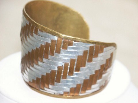 Mixed metal Basketweave hand woven copper & silver stunning vintage artisan cuff bracelet