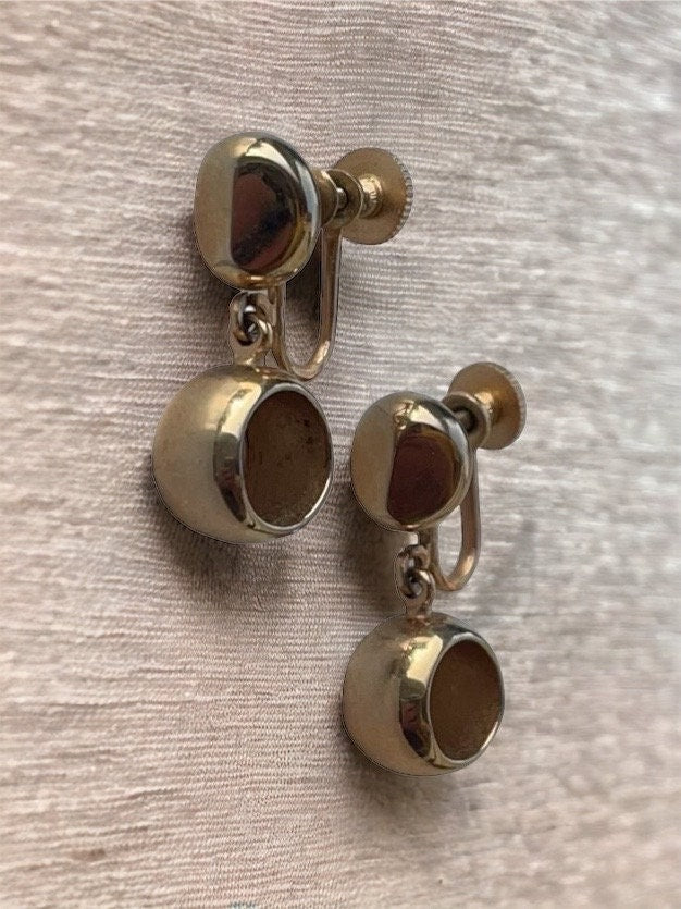 Unique gold hollowed small hoop dangle earrings - screwback clip earrings