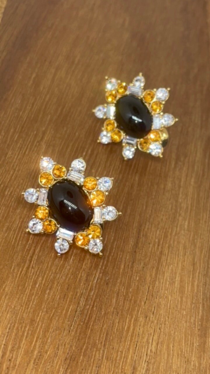 Vintage Runway Couture Black Enamel & Crystal 1980's rare signed Monet clip earrings