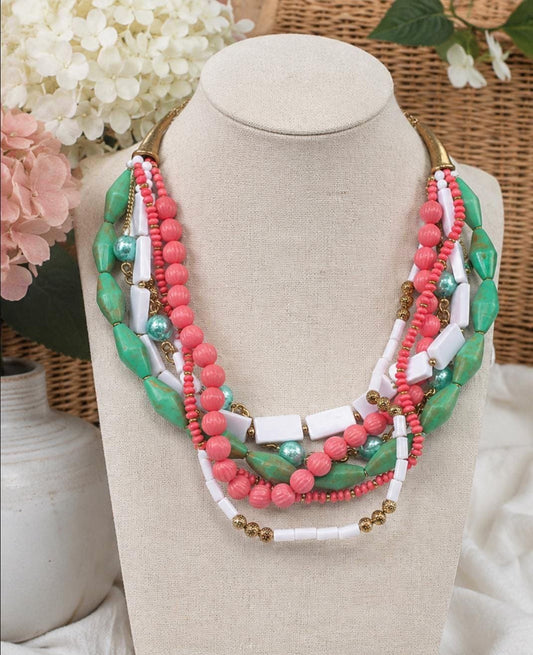 Vintage Artisan Multi Strand Statement Necklace Coral Pink Mint Green Metal Beads Aqua Glass Adjustable 23 Inch Necklace