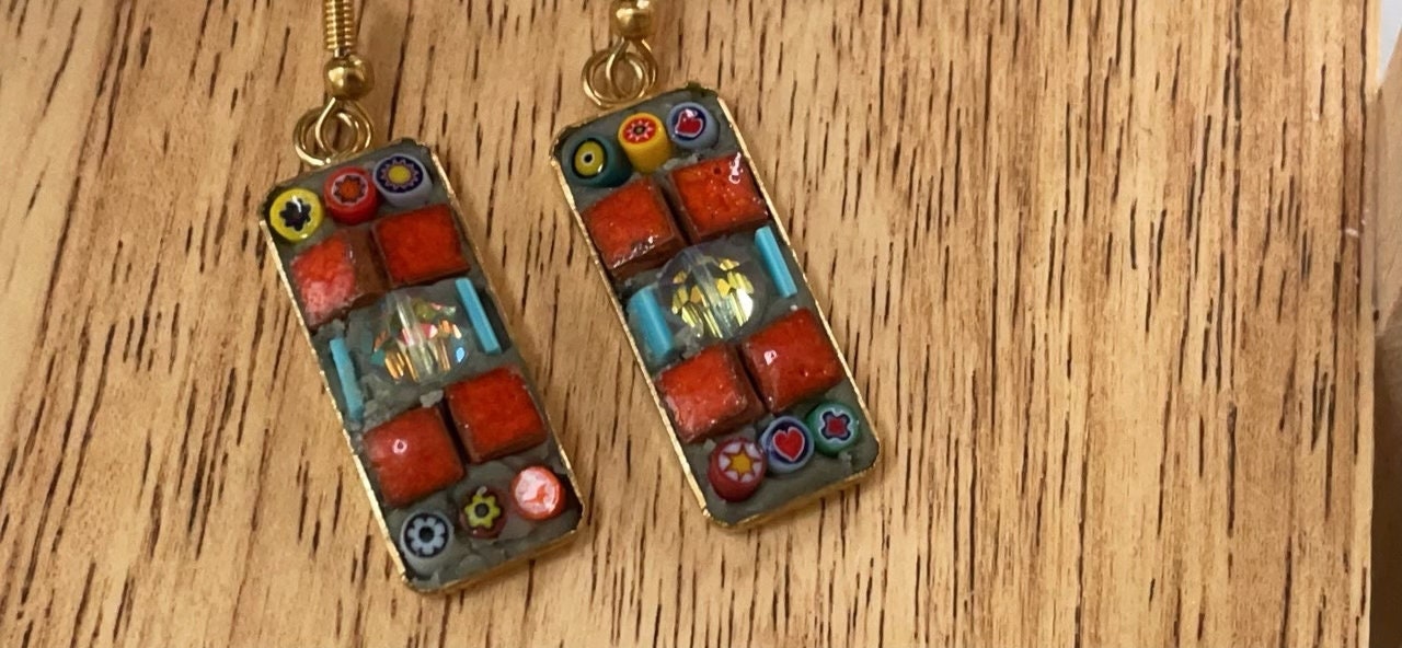 Small handmade micro mosaic glass and tile earrings with vintage crystal center and tiny strips of hand cut blue glass