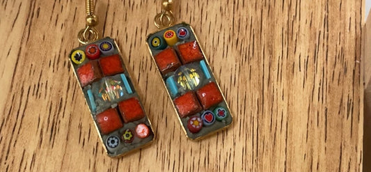 Small handmade micro mosaic glass and tile earrings with vintage crystal center and tiny strips of hand cut blue glass