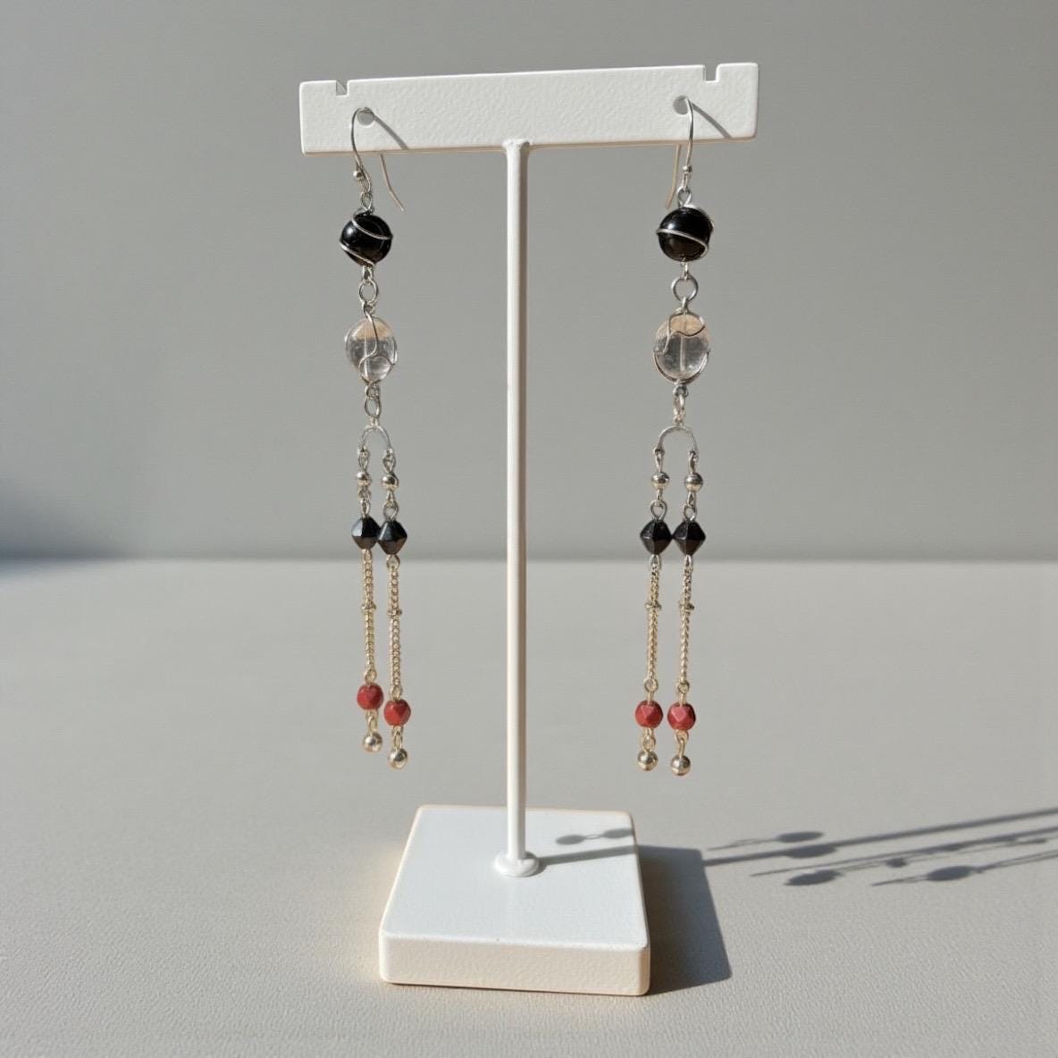 Handmade 5" Long Beaded Dangle Earrings – Black, Clear & Red Beads on Silver Tone Chains – Long Boho Statement Earrings