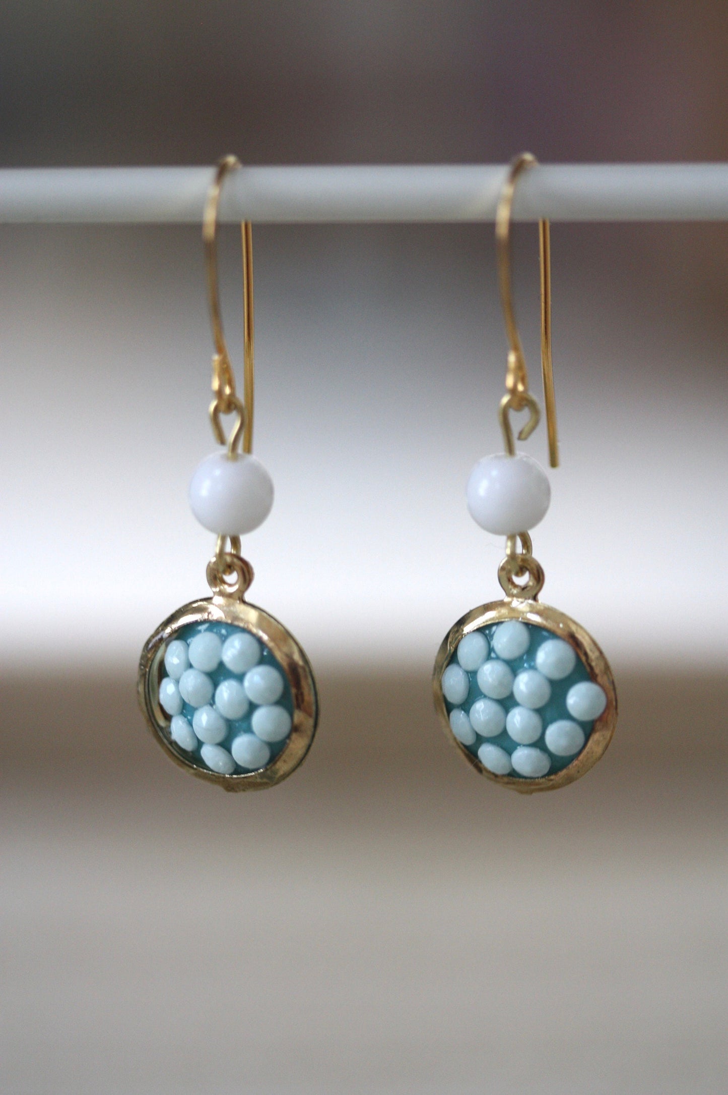 Sweet handmade white dotted blue dangle earrings