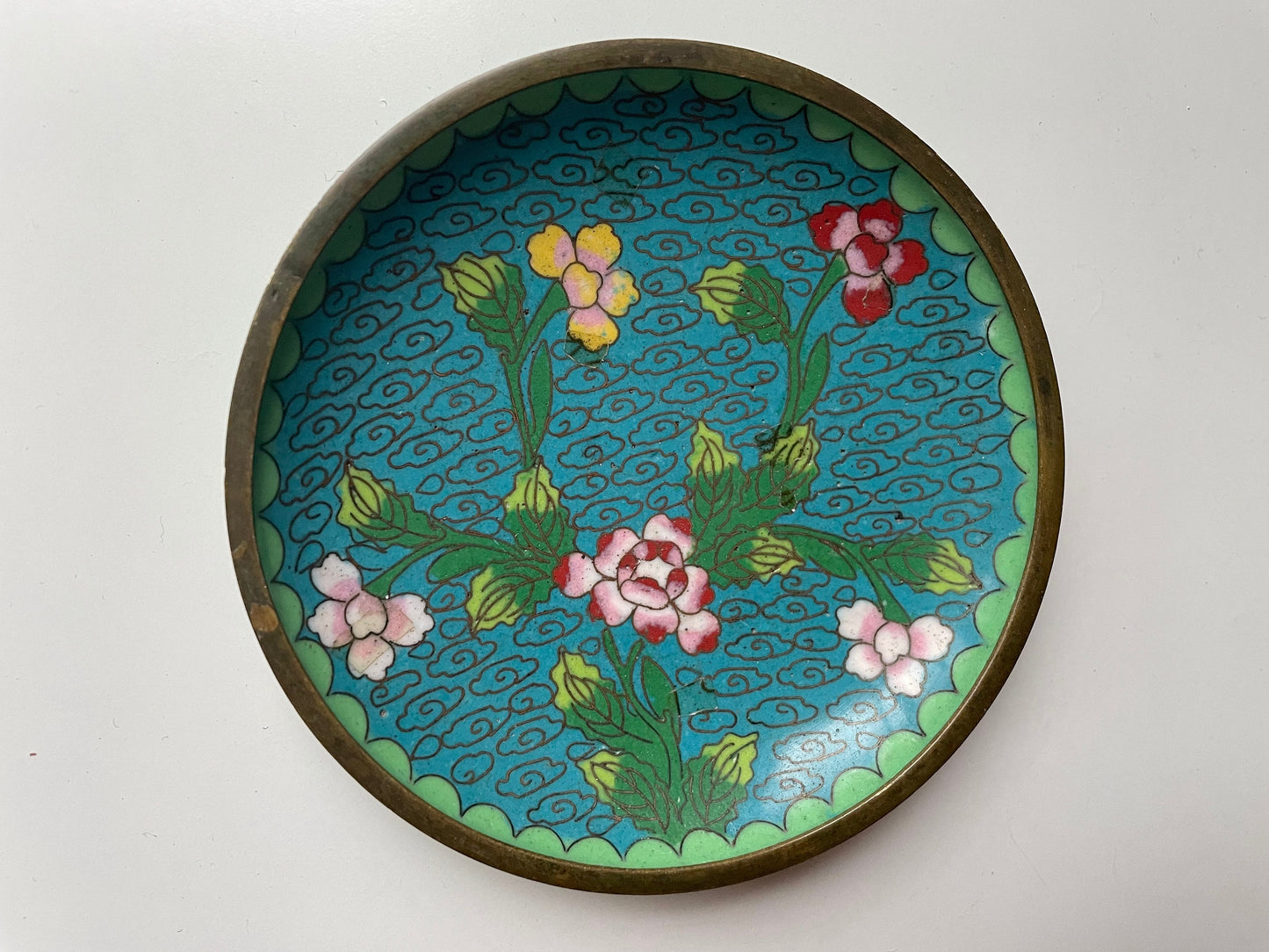 Vintage Asian Cloisonne enamel over copper ring dish, catch all dish - 3 & 3/4" - turquoise floral