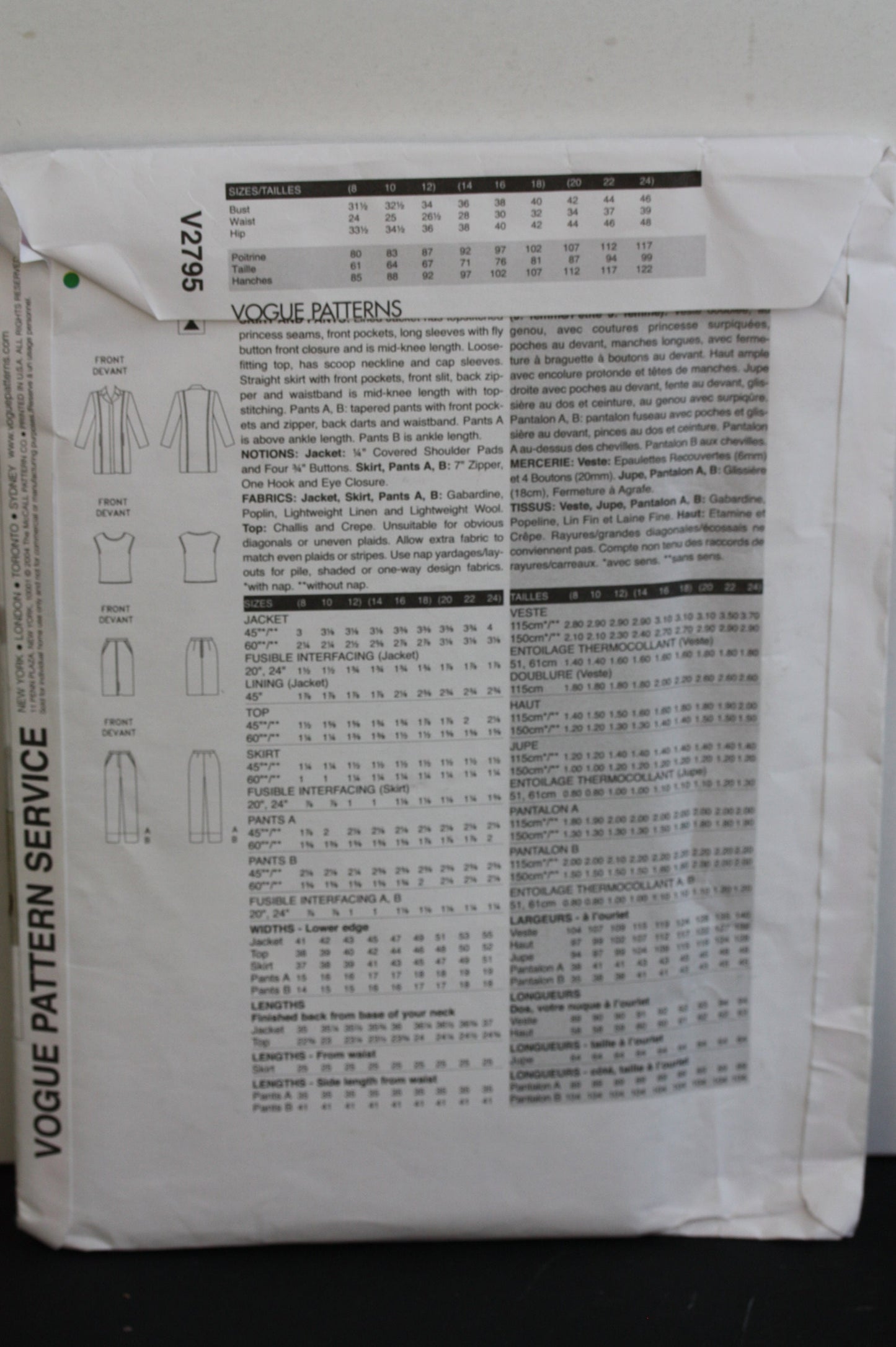 UNCUT Vintage Sewing Pattern - Vogue V2795 Long Jacket Pants Top Lined Pencil Skirt Sewing Pattern - Sizes 14, 16, 18